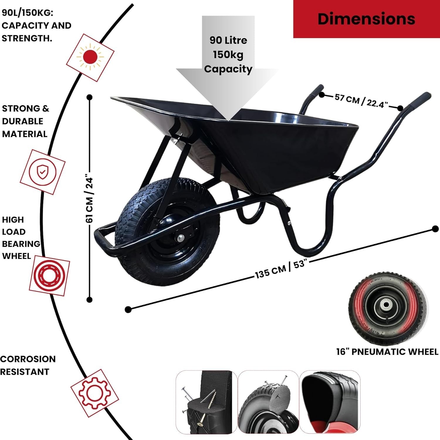 90L Heavy Duty Wheelbarrow Black – Galvanised Steel Tray w/ Pneumatic Tyre 150kg