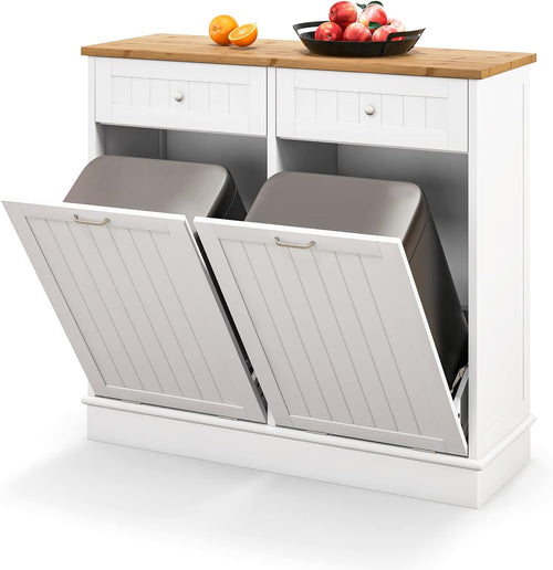 2-Door Tilt Out Laundry Hamper Cabinet with Drawers & Bamboo Top | Freestanding