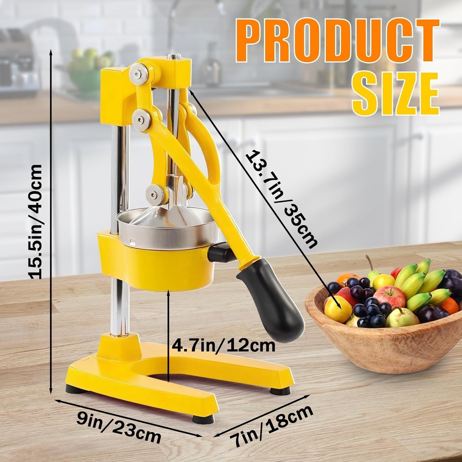 Heavy Duty Manual Citrus Press Cast Iron Juicer Easy Clean Bright Yellow