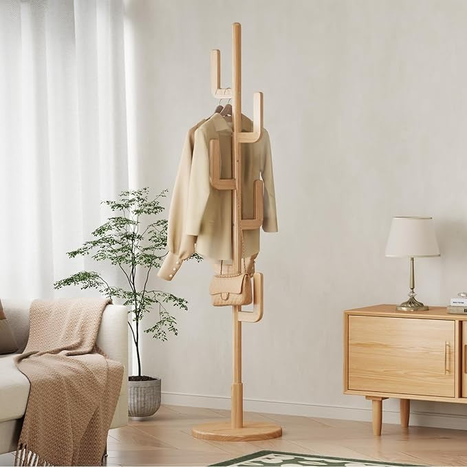 Wooden Coat Rack Stand | Cactus Design Hall Tree with 6 Hooks for Coats & Hats