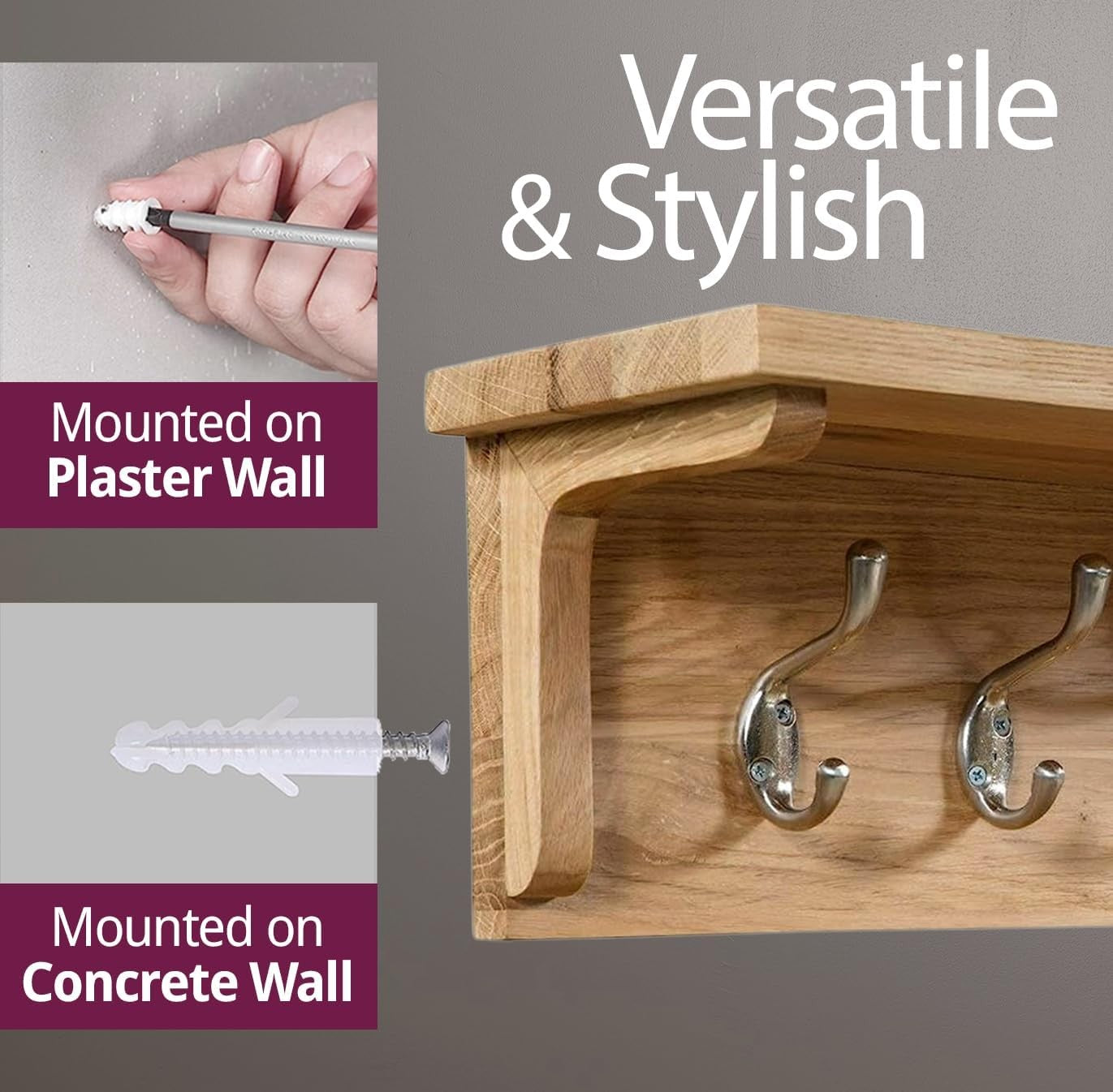 Solid Oak Wall Coat Rack with Shelf | 6 Metal Hooks for Hallway & Entryway