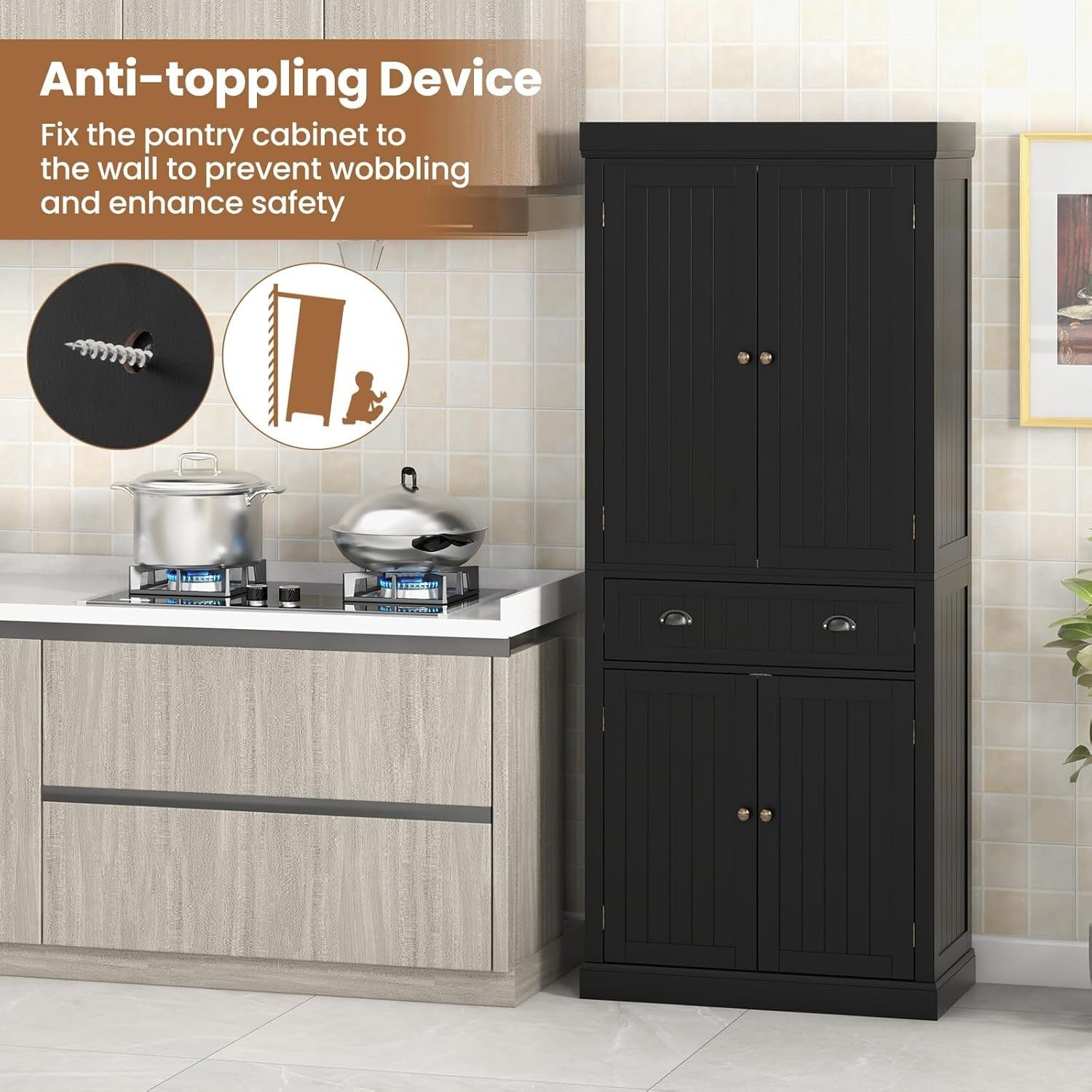 Black Tall Kitchen Cupboard 183cm Pantry Storage Cabinet Drawer Shelves