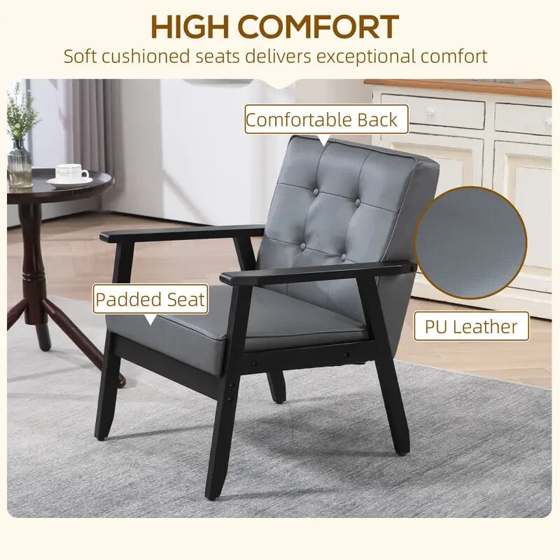 Grey PU Leather Armchair Retro Lounge Chair Wood Frame for Living Room
