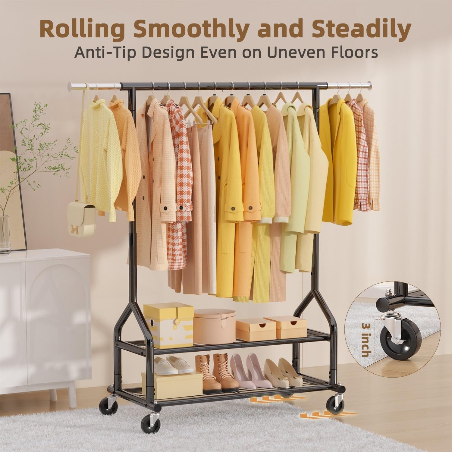 Heavy Duty 252KG Clothes Rail With Shelves & Wheels Black