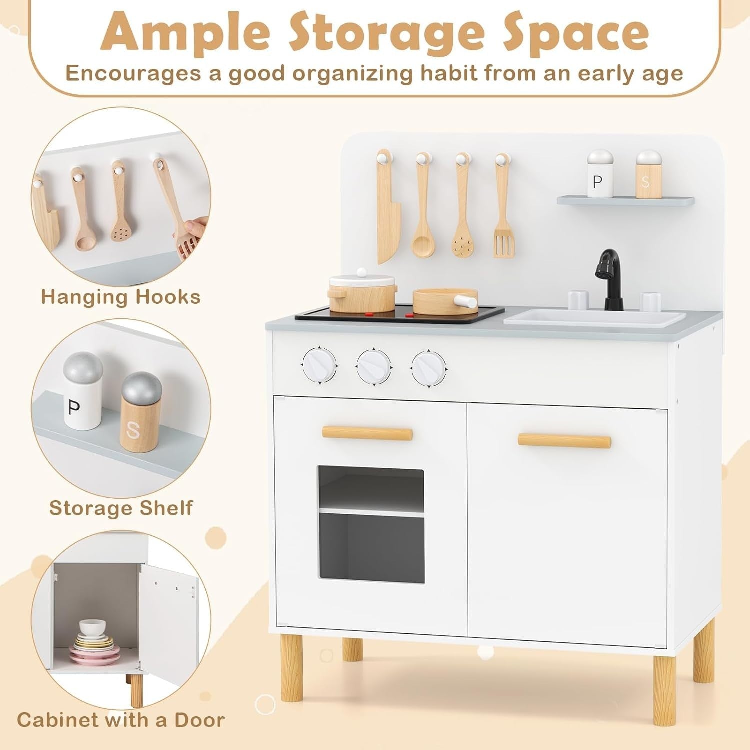 Wooden Kids Play Kitchen White w/ Lights Sounds Oven Accessories