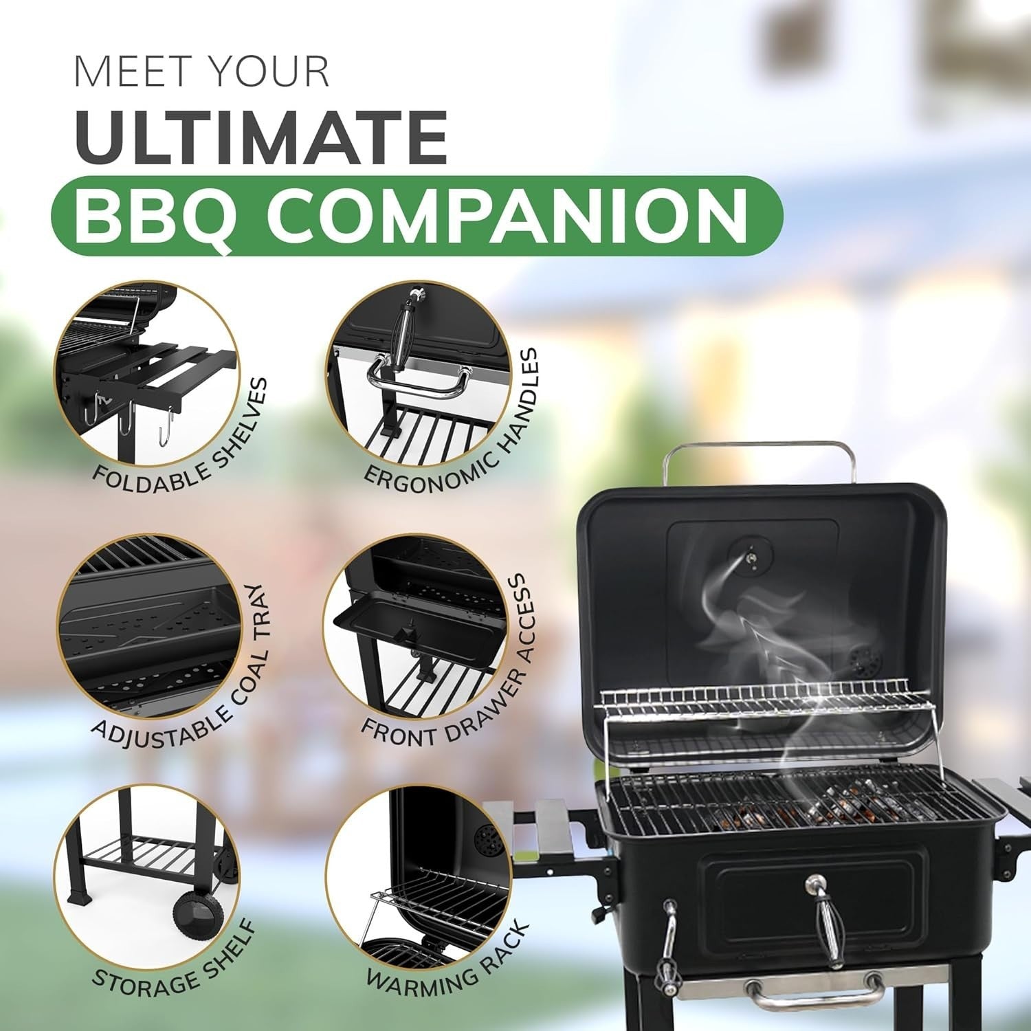 XL Charcoal BBQ Smoker Grill | Adjustable Chimney & Airflow | Dual Side Tables