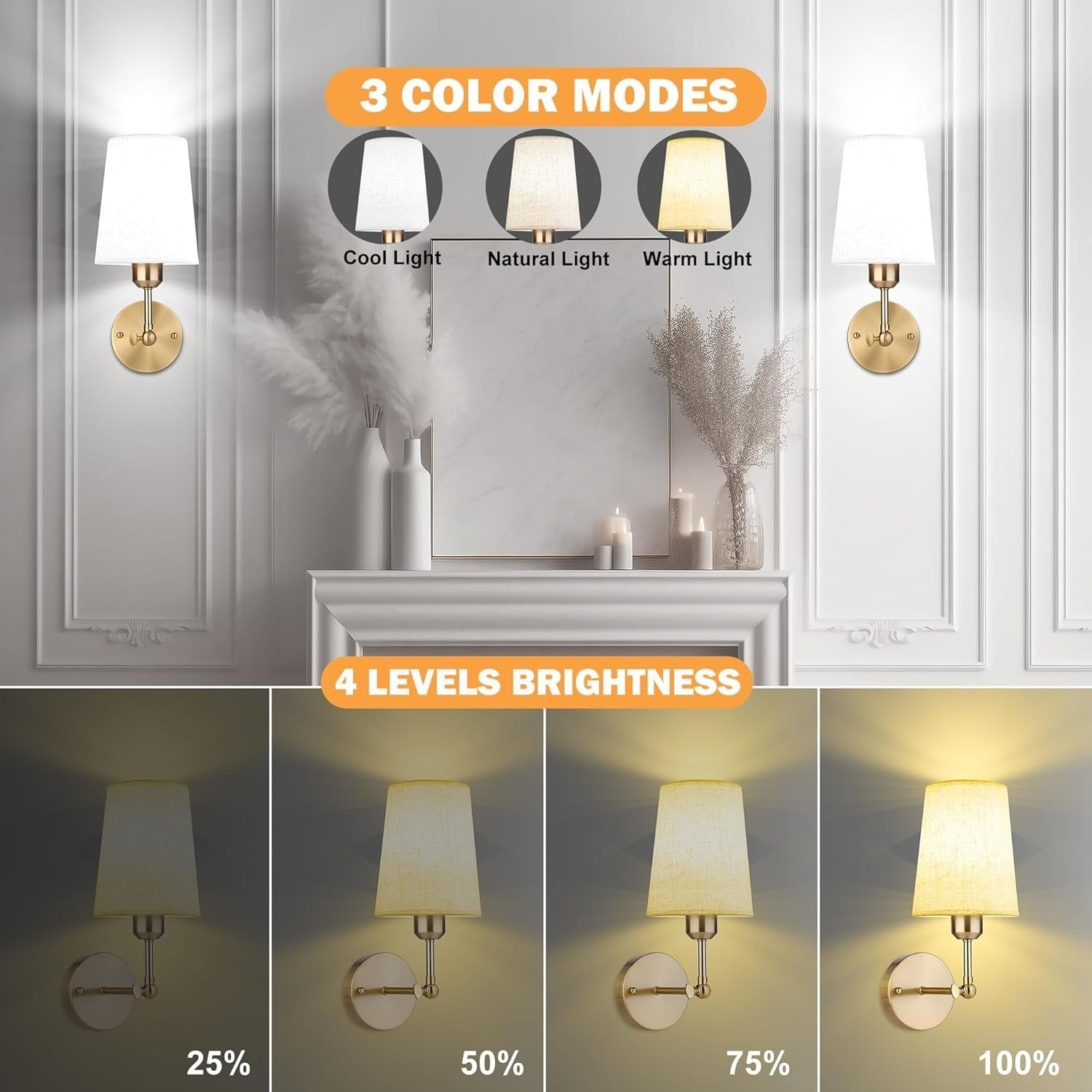 Set of 2 Wall Sconce Lights Rechargeable RGB Remote Battery Operated 270°