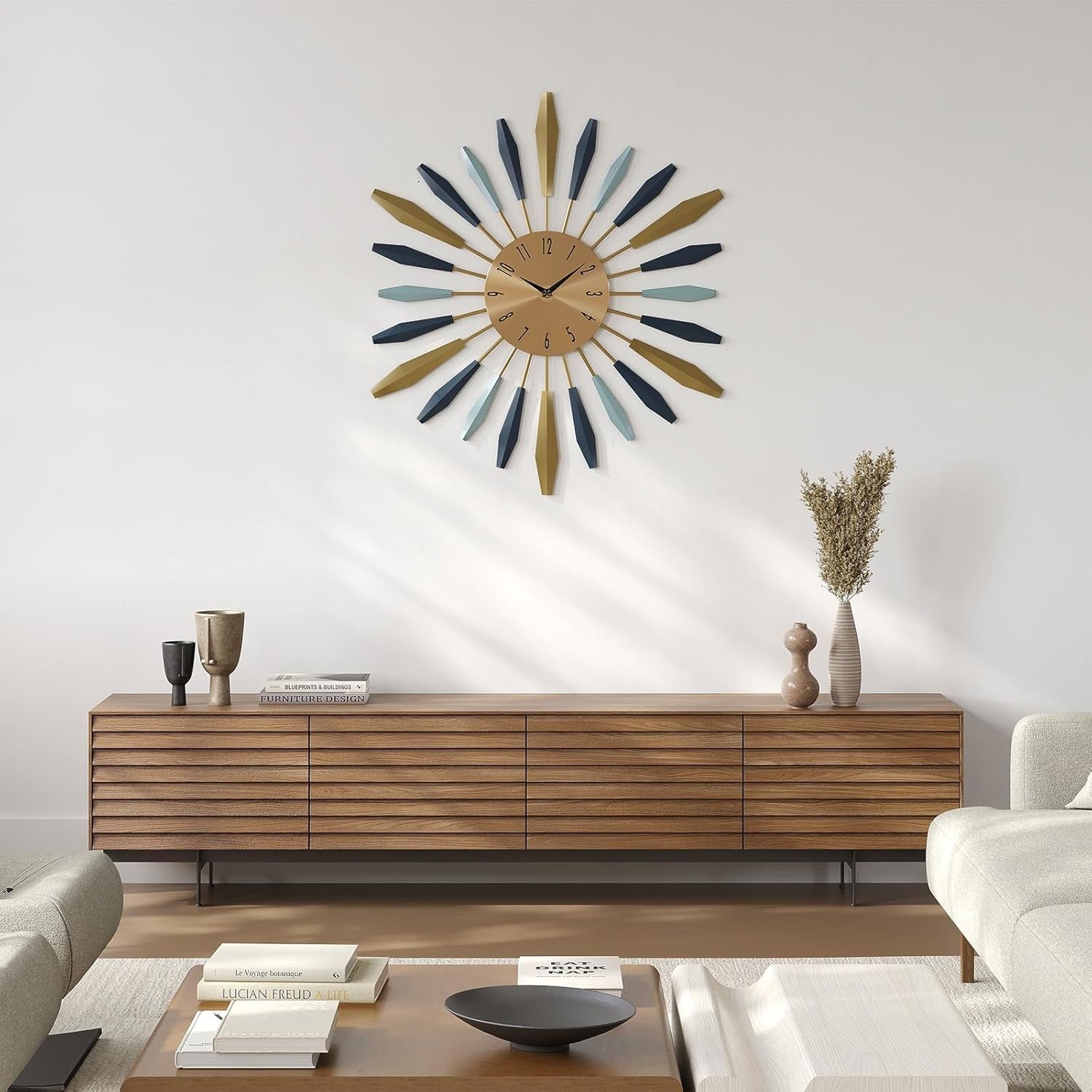 Modern Silent Wall Clock 55cm Large Metal Sunburst Design Home Decor