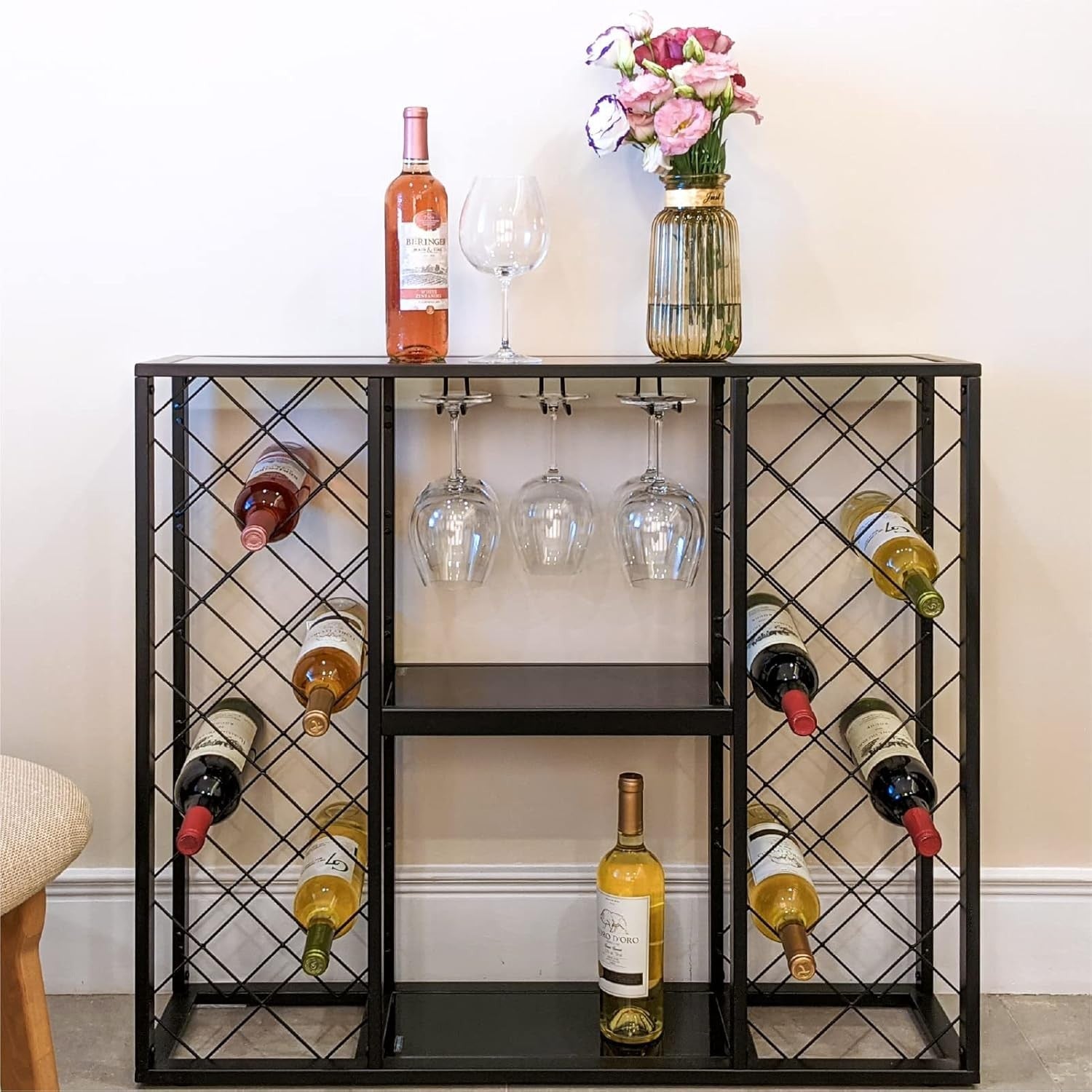 34 Bottle Wine Rack with Glass Top Table Shelf Metal Free Standing Storage Bar
