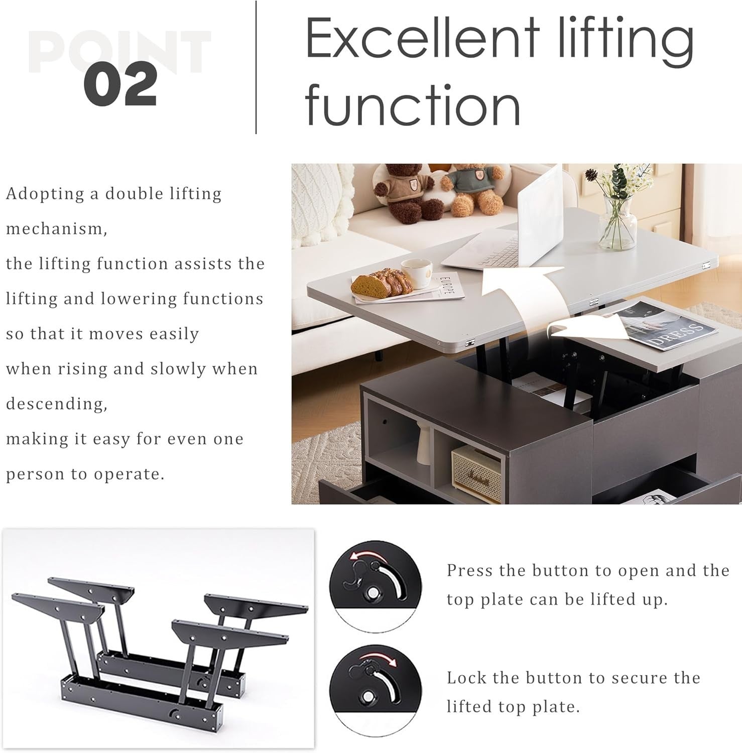 Lift-Top Coffee Table with 3 Drawers & Storage, Grey 100x51x47cm