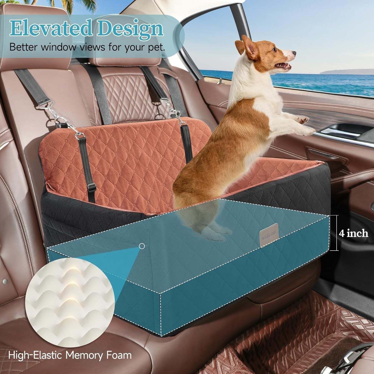 Large Dog Booster Car Seat Washable Travel Bed 55lb w 2 Leashes