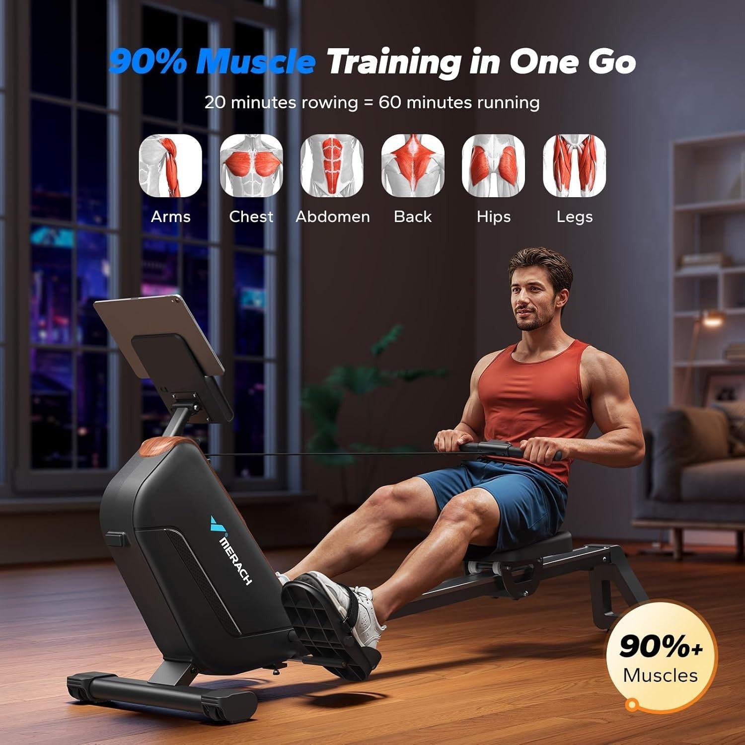 Foldable Magnetic Rowing Machine 40KG Resistance 130cm Rail App Smart Home