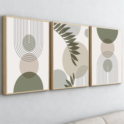 Large Sage Green Abstract Wall Art Set of 3 Framed Canvas Prints 16x24 Boho