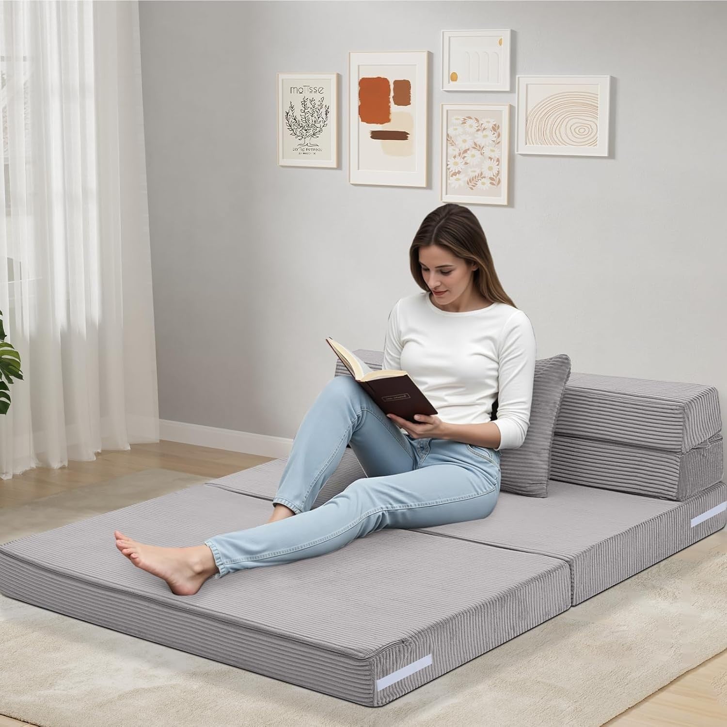 Fold Out Sofa Bed Double Futon Mattress Guest Chair Foam Grey 190x135cm