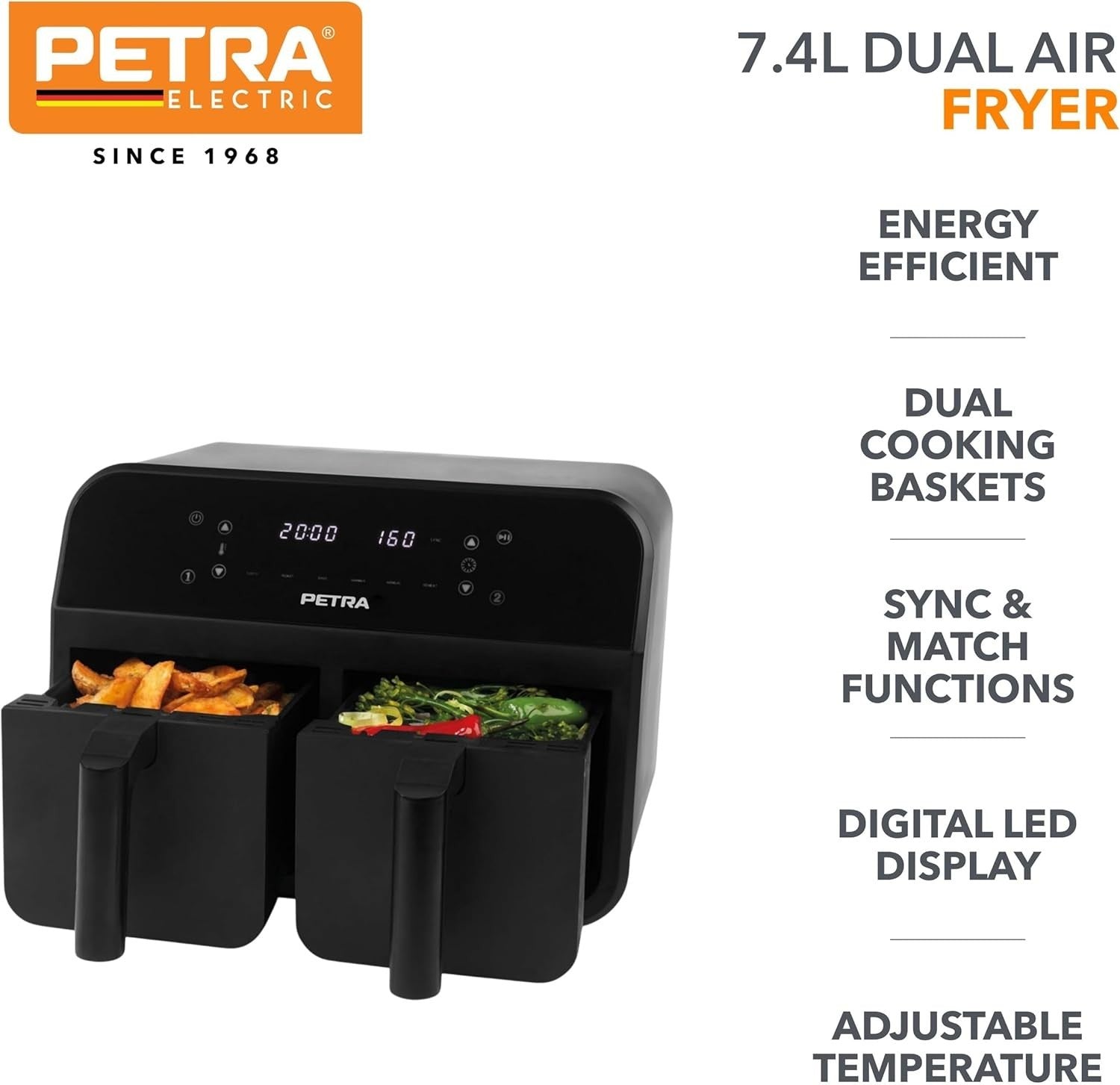 Dual Air Fryer 7.4L 2 Drawer 2400W Sync Match LED 6 Presets 60min Timer