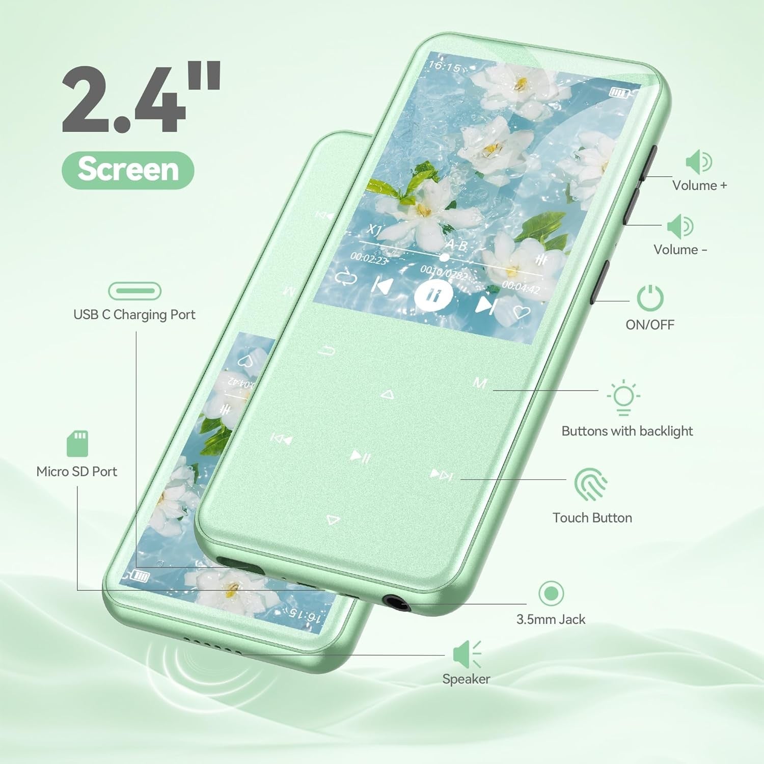 64GB Bluetooth 5.3 MP3 Player 2.4" Screen FM Radio Speaker Green