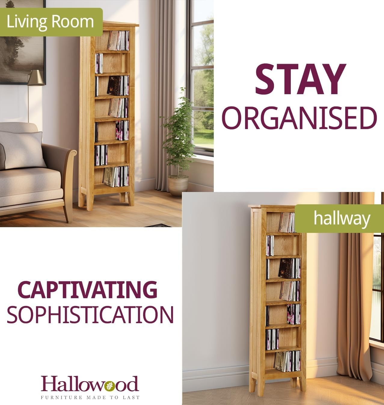 Solid Wood CD Storage Tower 7 Tier Media Rack Bookcase Oak Finish