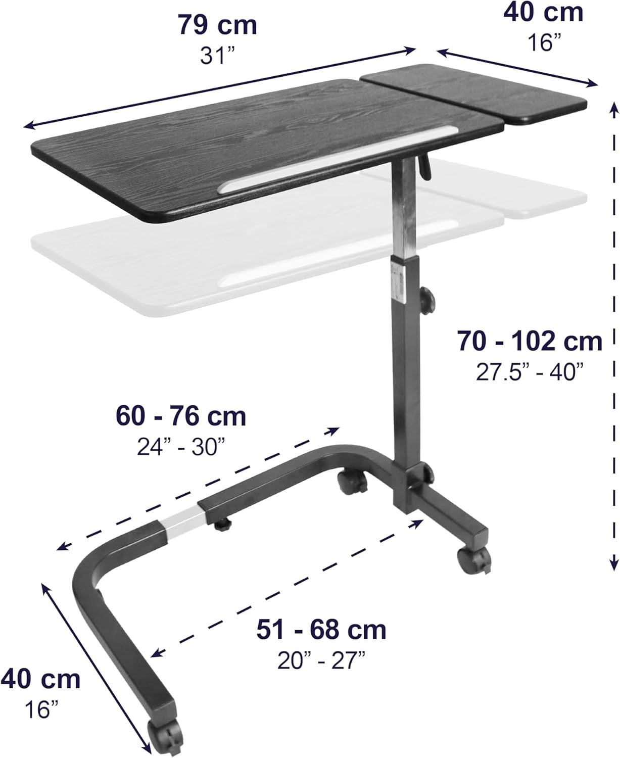 Overbed Table with Wheels Adjustable Height Tilting Laptop Desk Black