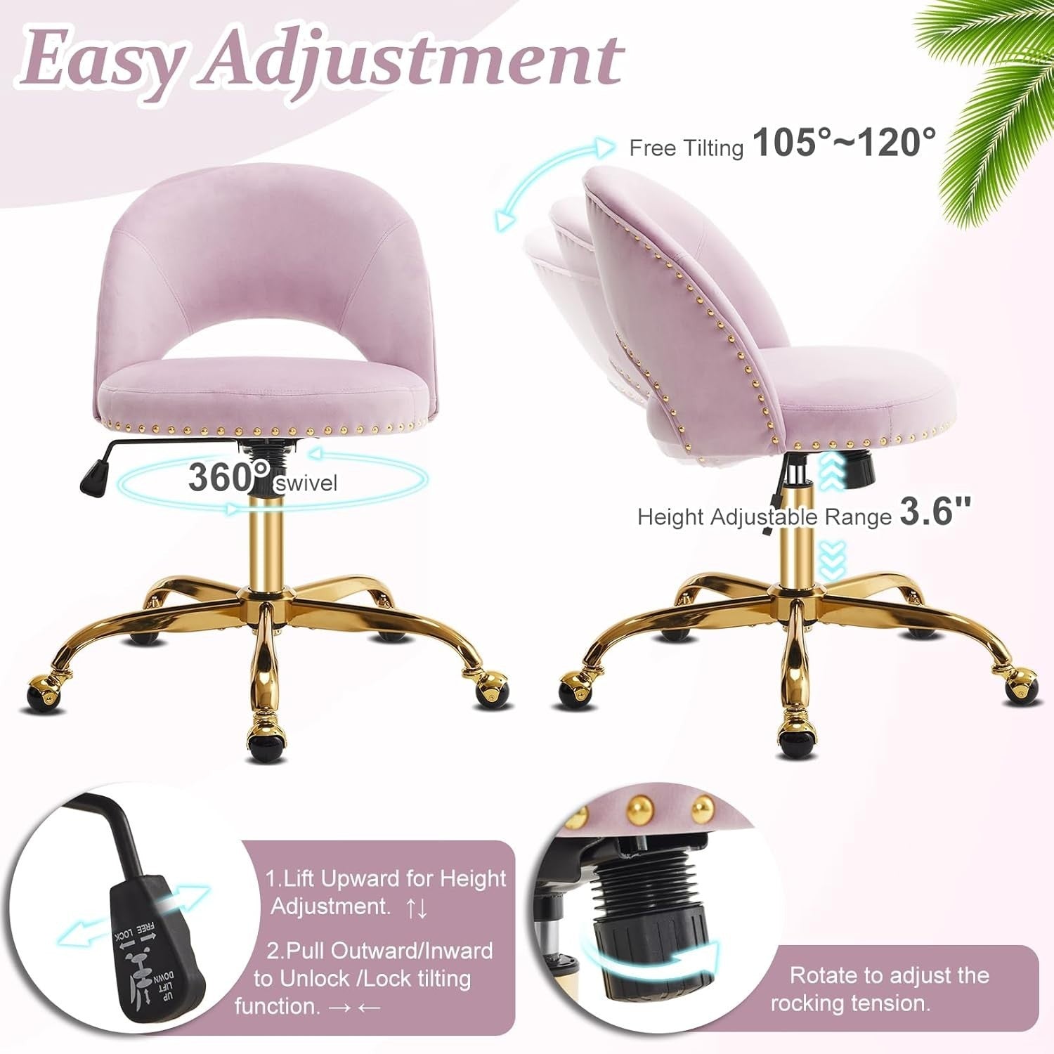 Purple Adjustable Velvet Swivel Desk Chair – Comfy Vanity & Office Seating