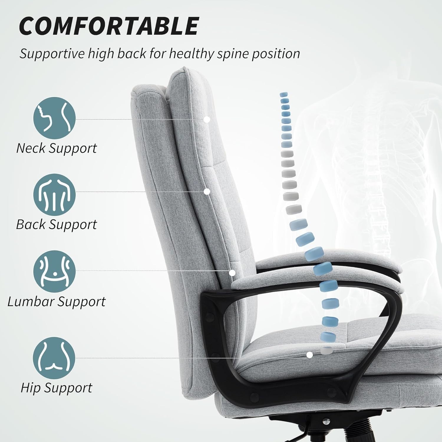 Office Desk Chair High Back Padded Linen Swivel Adjustable Tilt Wheels Grey