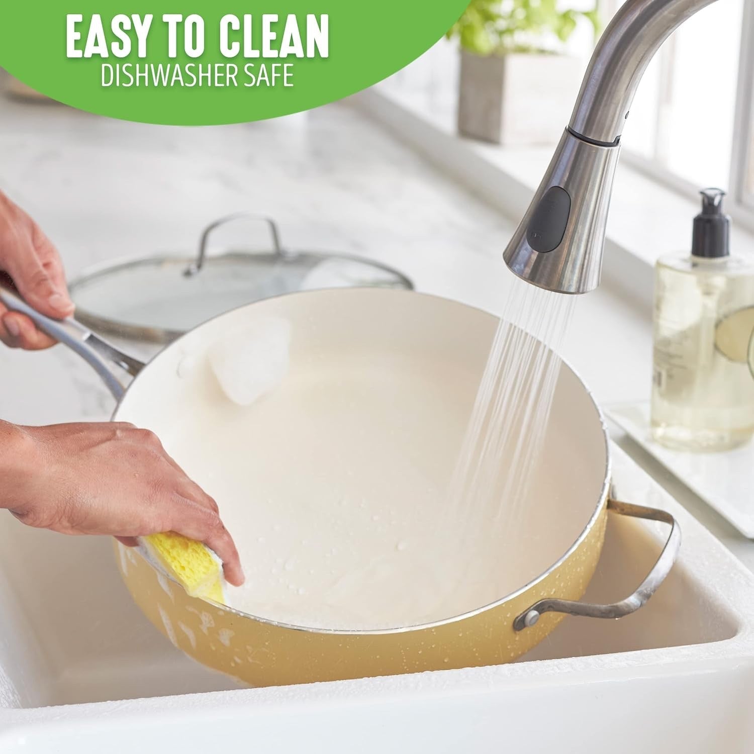 30cm Yellow Ceramic Saute Pan Non Stick 4.8L With Lid Induction PFAS Free