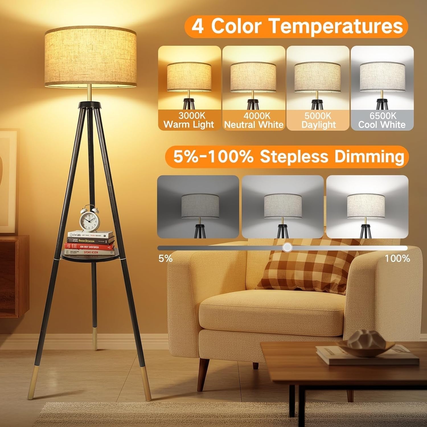 Adjustable Wooden Tripod Floor Lamp with Remote, Timer & Storage Shelf