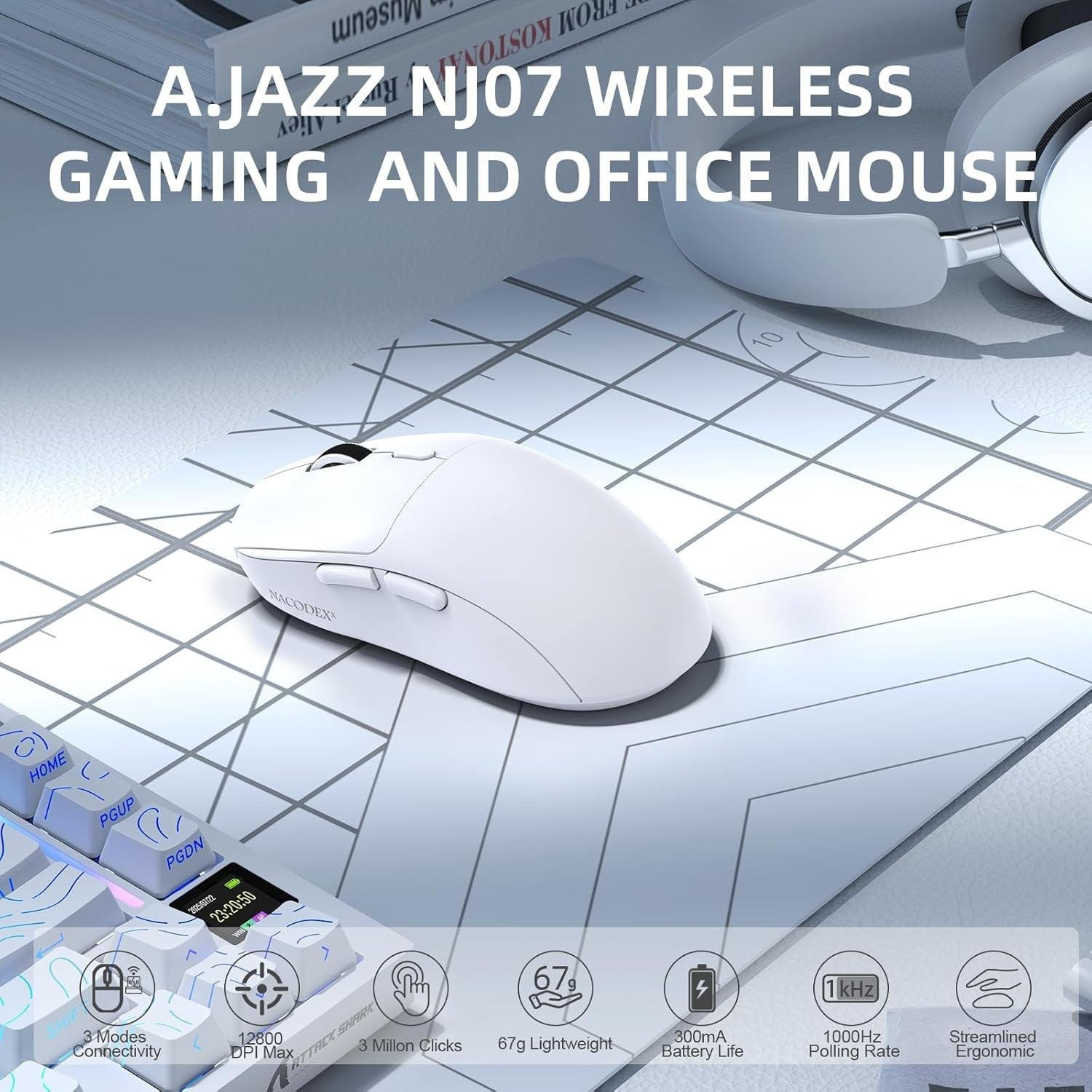 Wireless Gaming Mouse 12800 DPI 67g Ultra Lightweight BT 2.4G USB-C