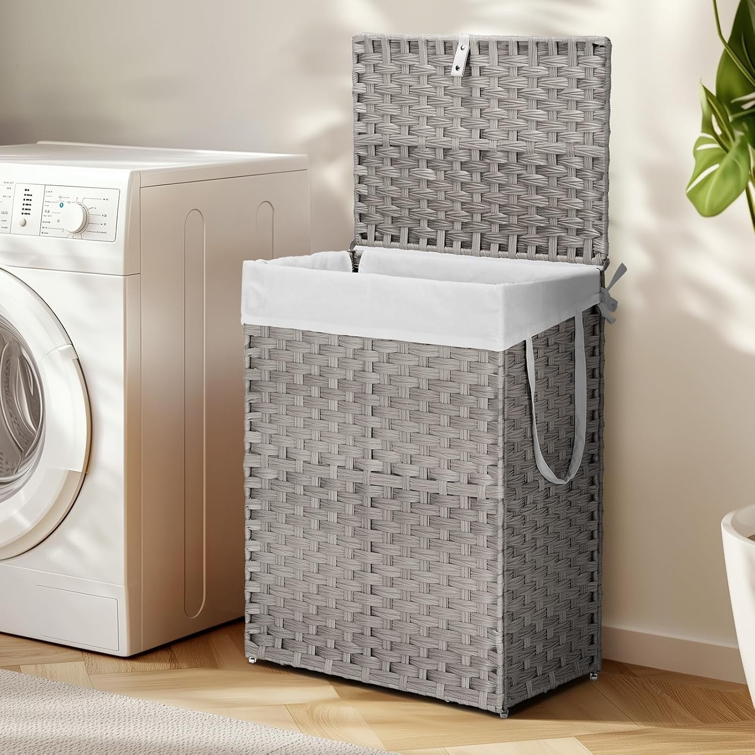 90L Grey Rattan Laundry Basket with Lid Foldable Hamper Removable Liner Handles