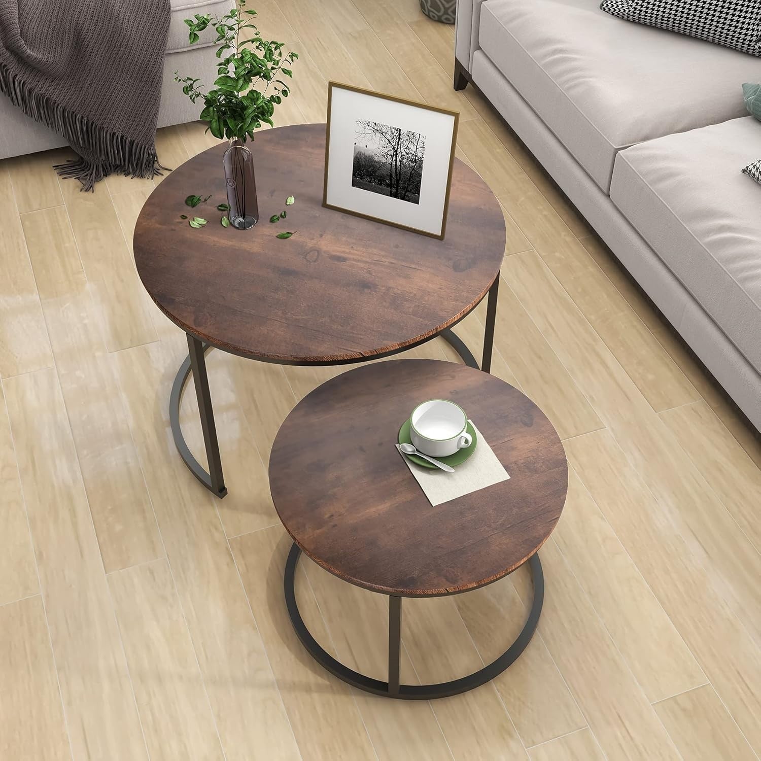 Round Coffee Table Set of 2 – Space-Saving Nesting Tables, Modern Metal Frame