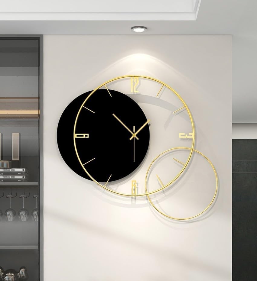 Oversized Black Gold Wall Clock Silent Non-Ticking Modern Metal Decor 67x60cm