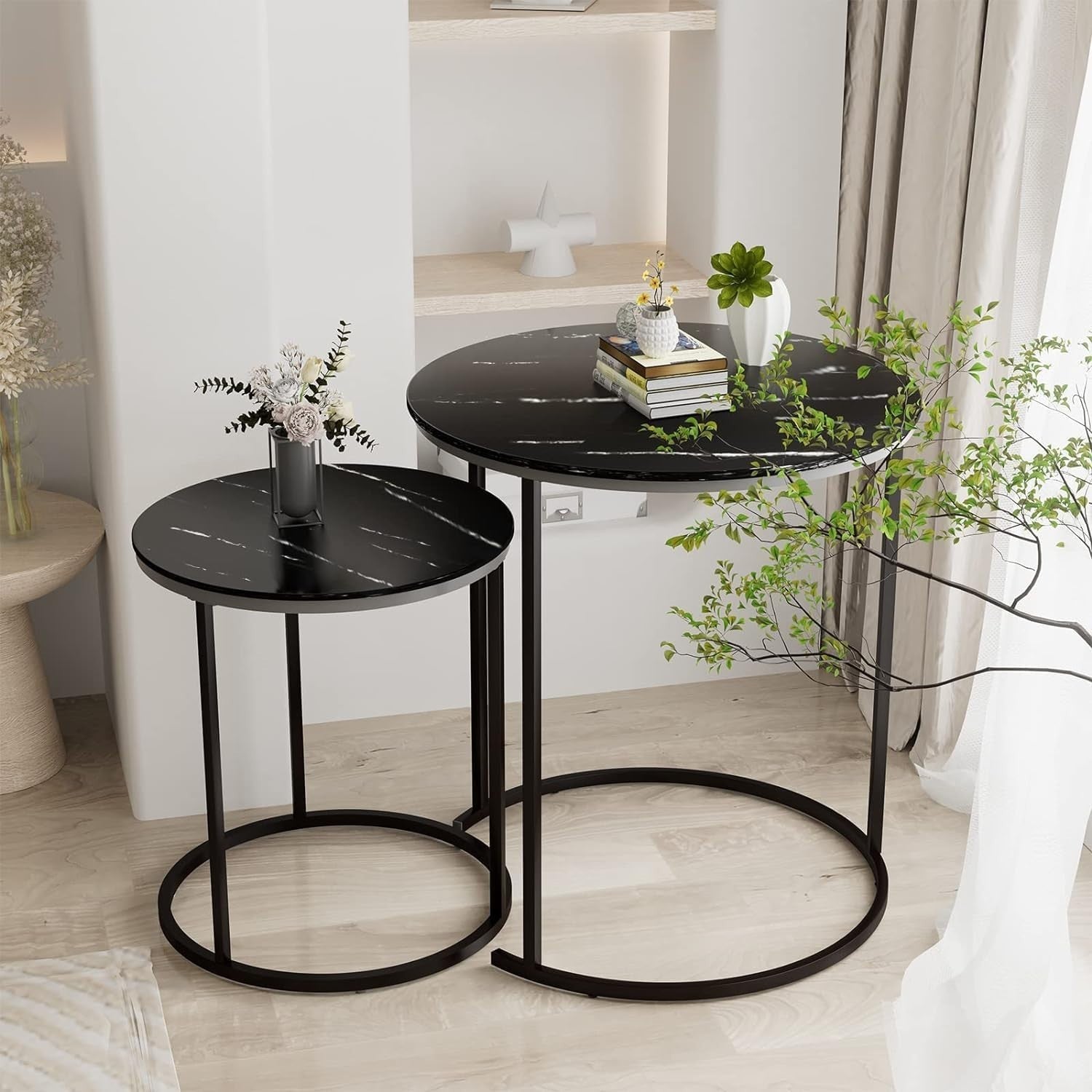 Nesting Coffee Table Set of 2 Round Faux Marble End Side Table for Living Room