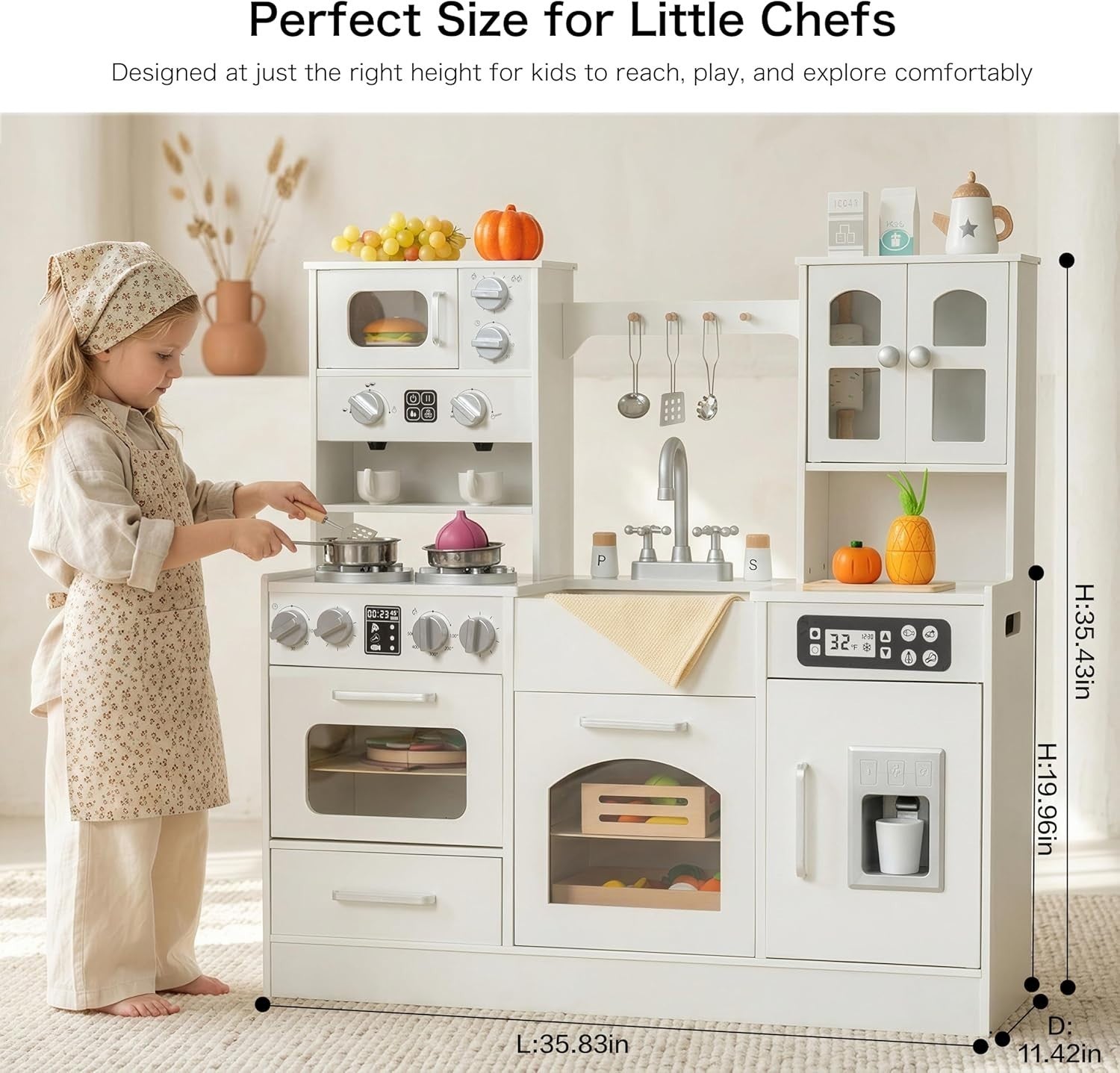 Wooden Kids Play Kitchen w/ Lights Sounds Ice Maker White Toy