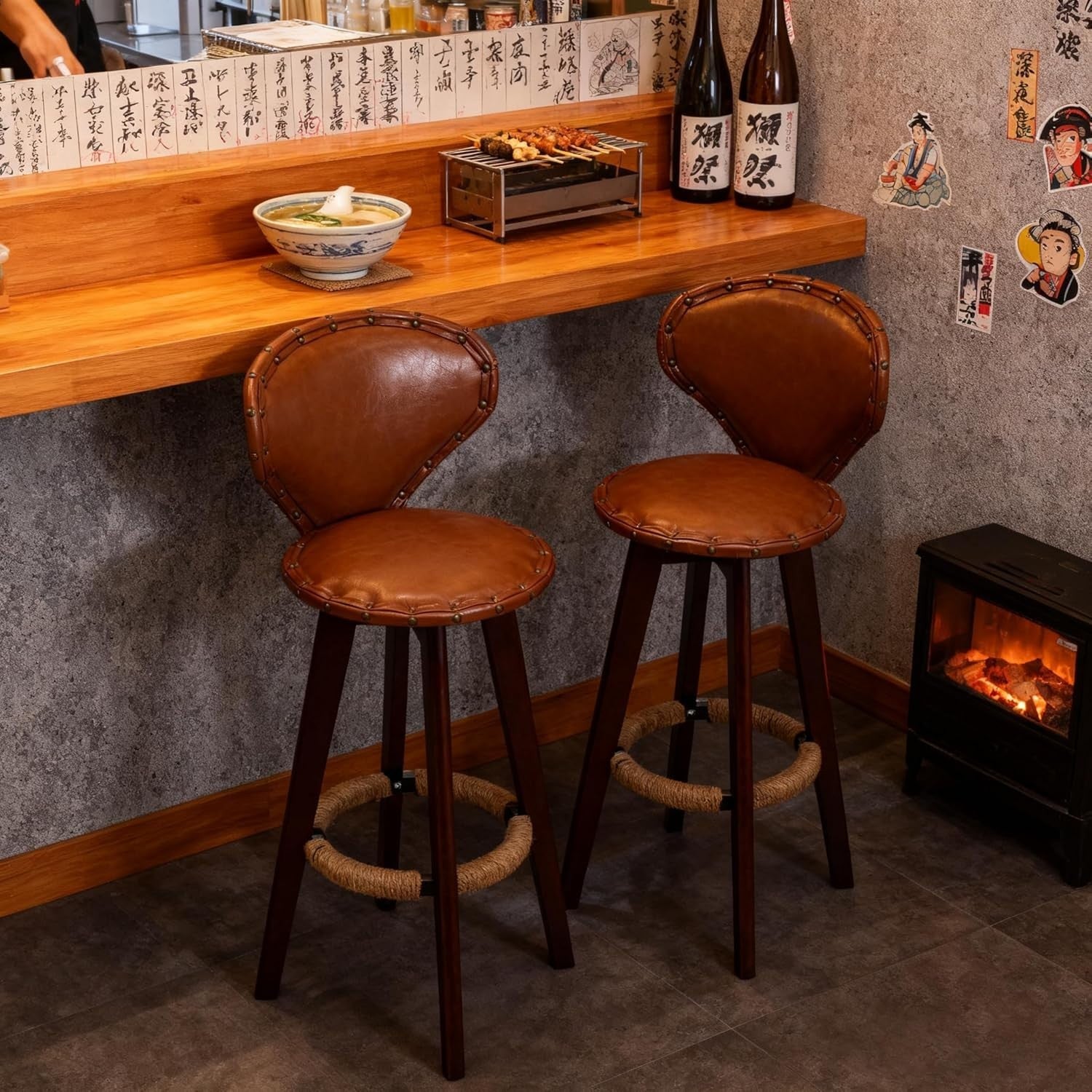 Swivel Bar Stools 2pcs Brown Faux Leather High Counter Kitchen Chairs