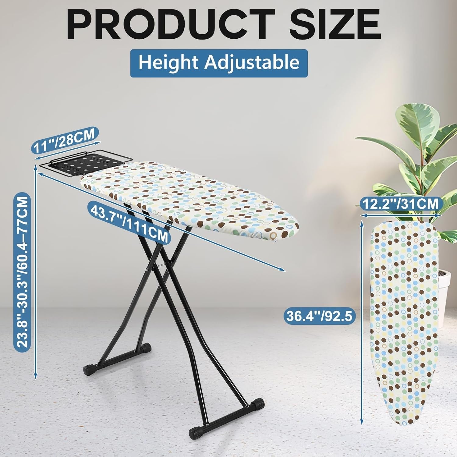 Compact Ironing Board Adjustable Height Anti Slip with Iron Rest 90x31cm