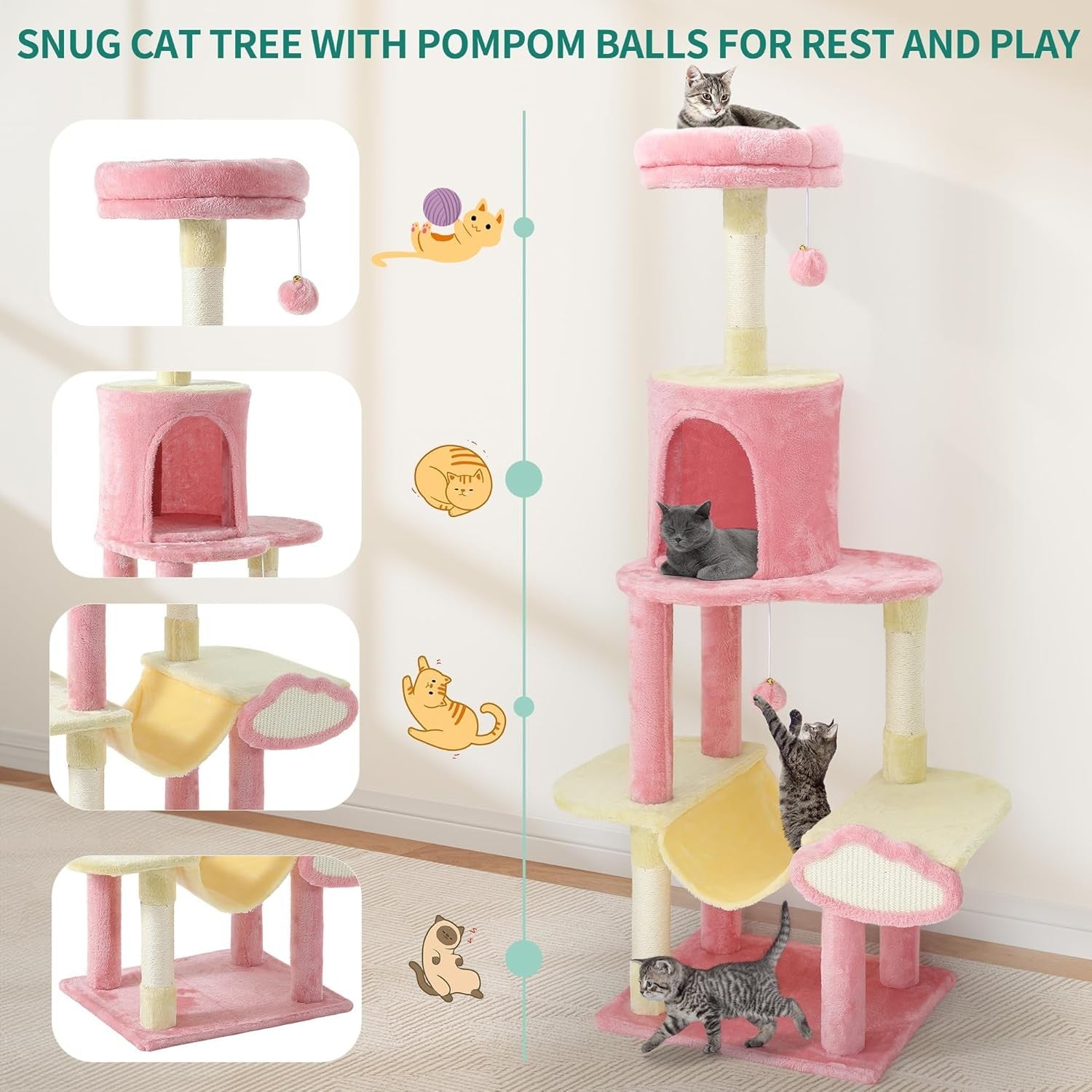 Luxury Cat Tree Tower 142cm Scratching Post Condo Hammock Space Saving
