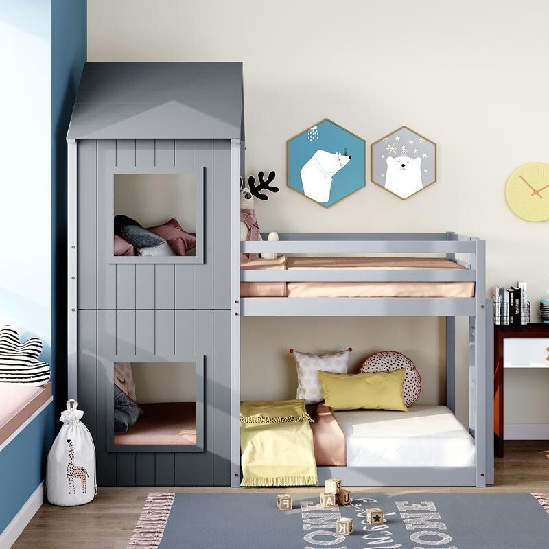 3FT Grey Treehouse Bunk Bed Kids Solid Wood Frame with Canopy Ladder Safety Rail