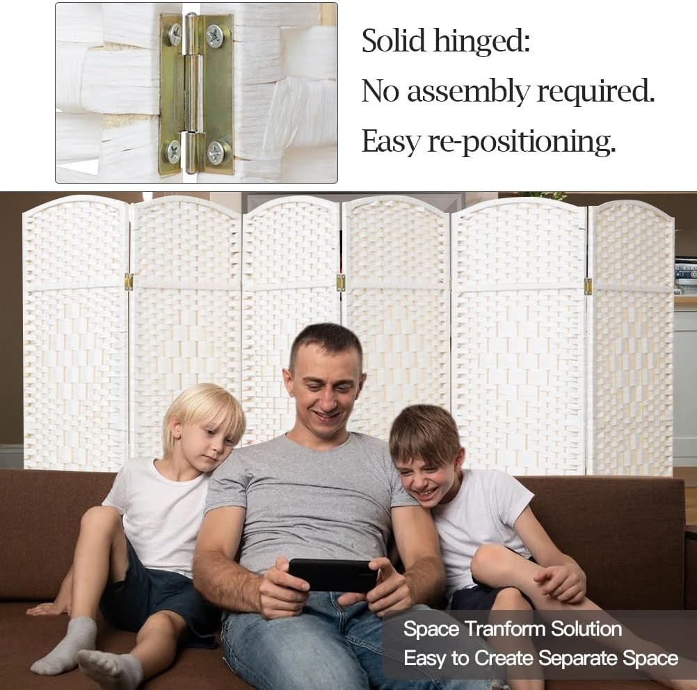 White 6 Panel Wicker Folding Room Divider Handwoven Privacy Screen 170cm