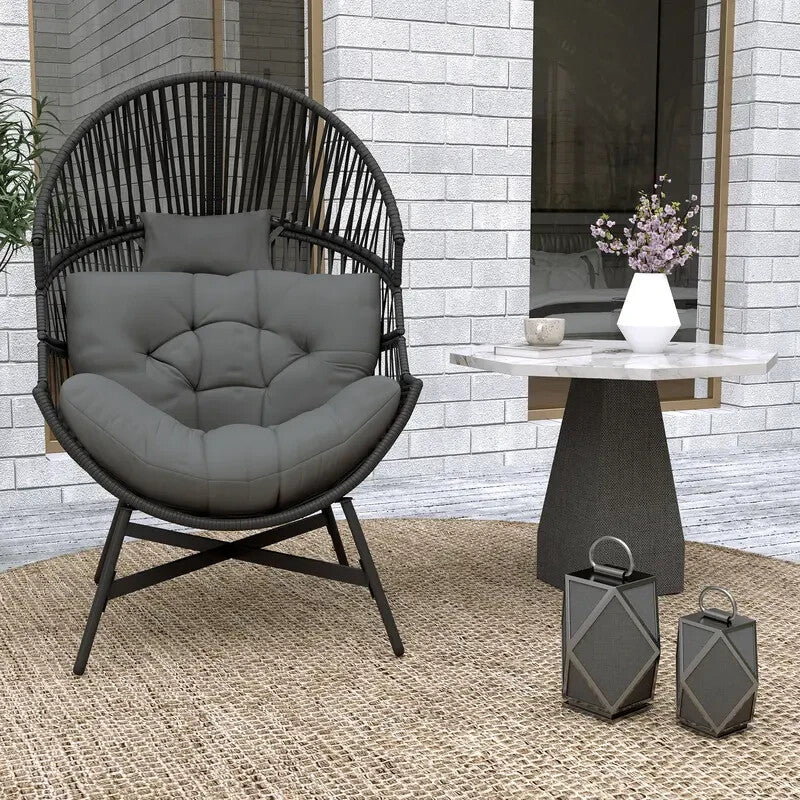 Outdoor Rattan Egg Chair with Cushion Headrest Patio Garden Lounge Seat