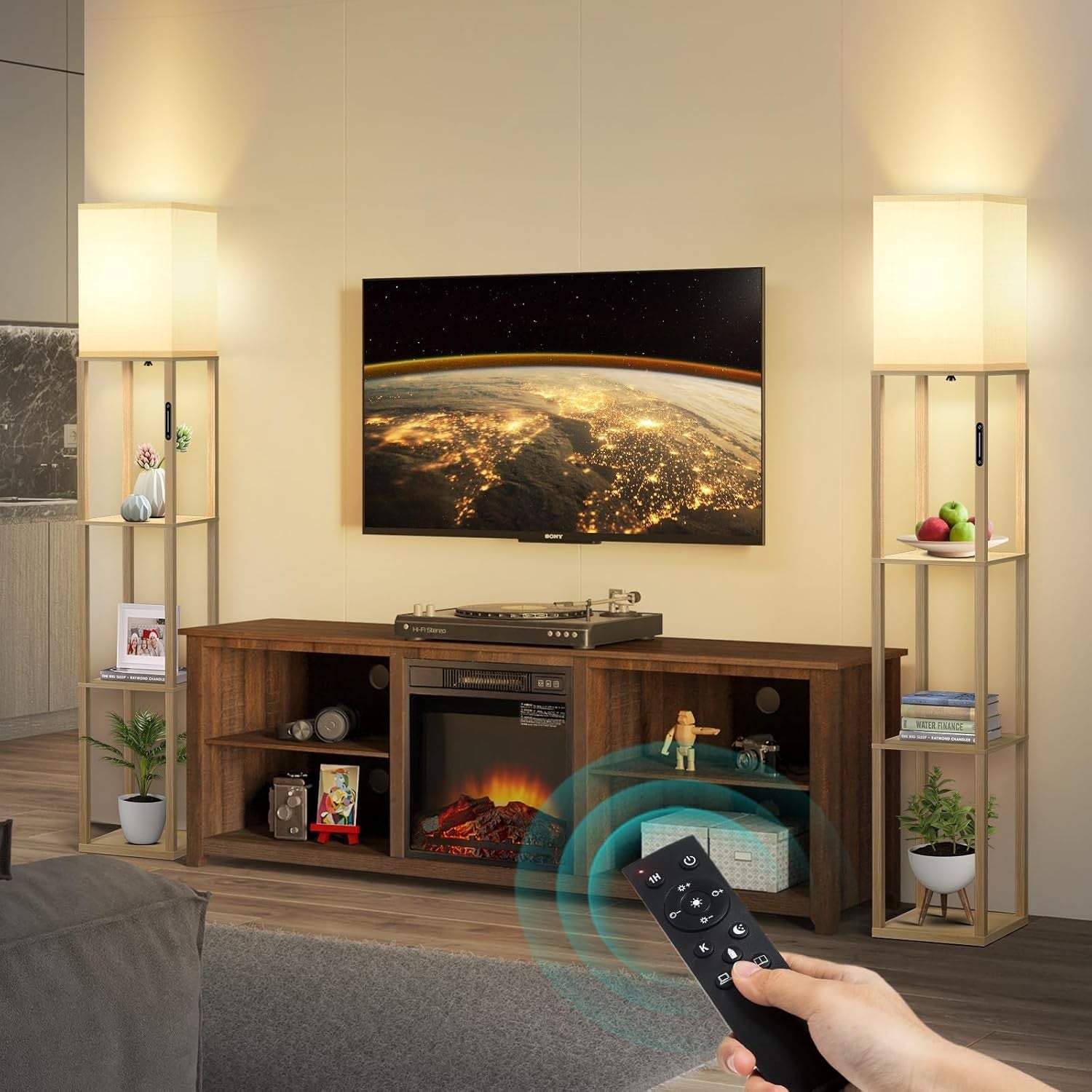 Floor Lamp with Shelves Dimmable Touch Remote LED Standing Light Wood