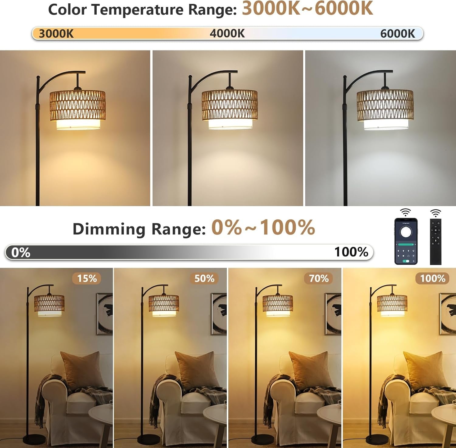 Arc Floor Lamp Remote Control Dimmable Boho Rattan Linen Shade Reading Light