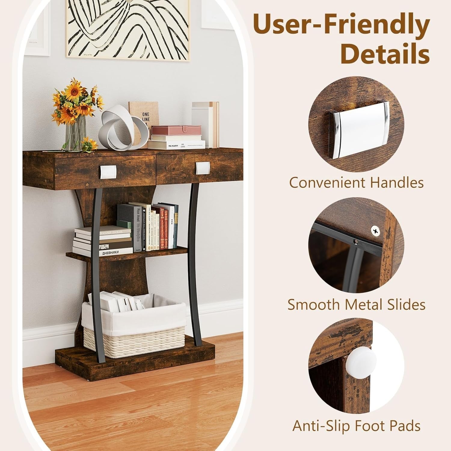 Narrow Rustic Brown Console Table with 2 Drawers & Storage Shelves