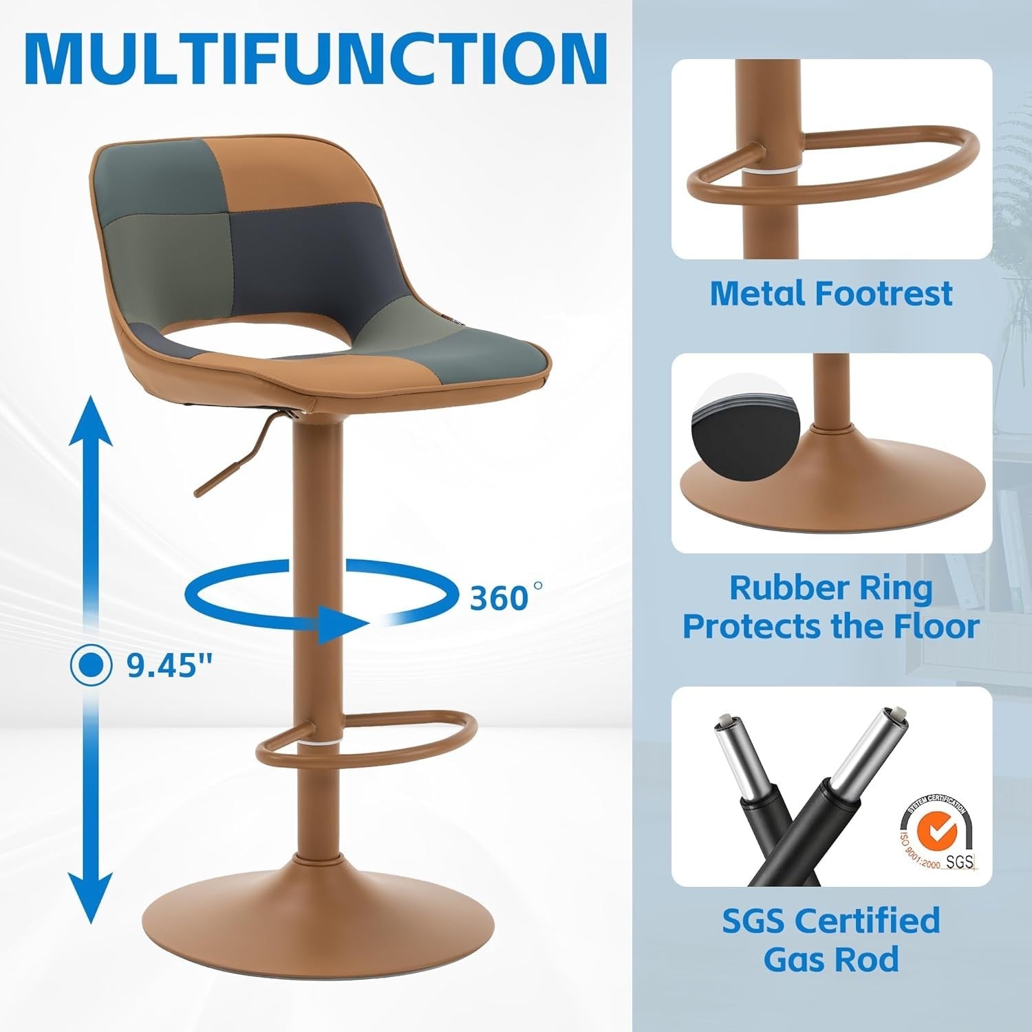Adjustable Swivel Bar Stools 2pcs Faux Leather Counter Height Tan