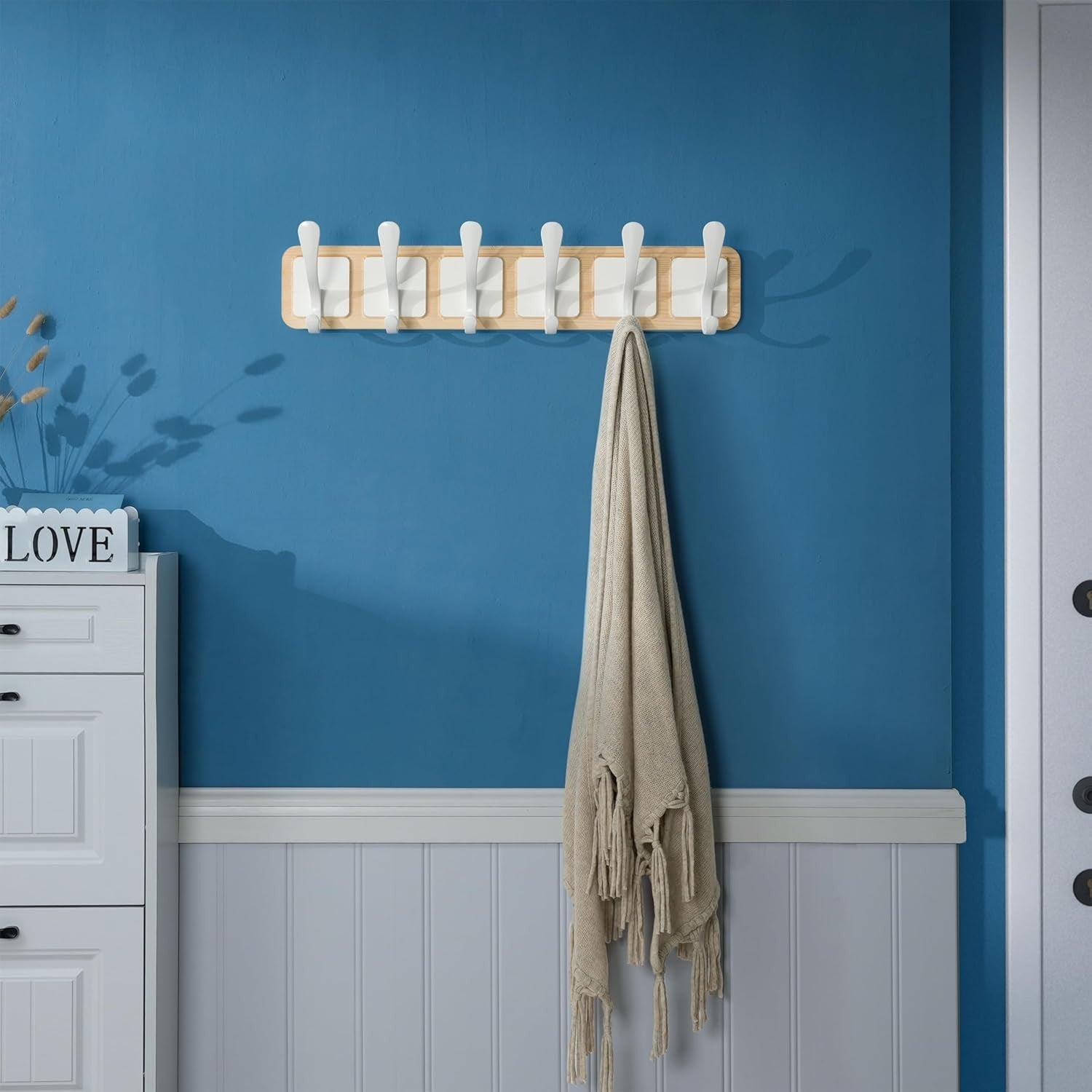 Scandi Wall Coat Rack Set | 2x 6 Hook Wooden Hanger Racks Natural & White