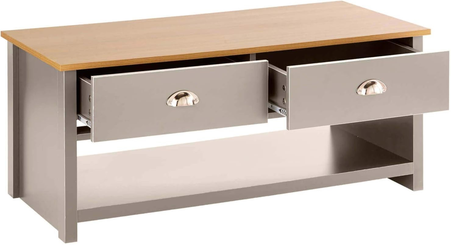 Modern Grey Coffee Table with Oak Effect Top & 2 Drawers Storage 100cm