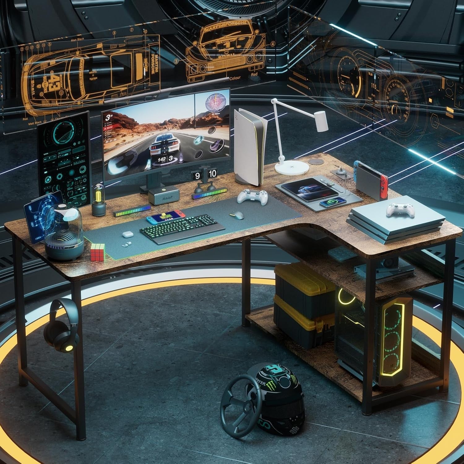 L Shaped Gaming Desk 110x80cm with USB Ports Shelves Hook Corner Office Table