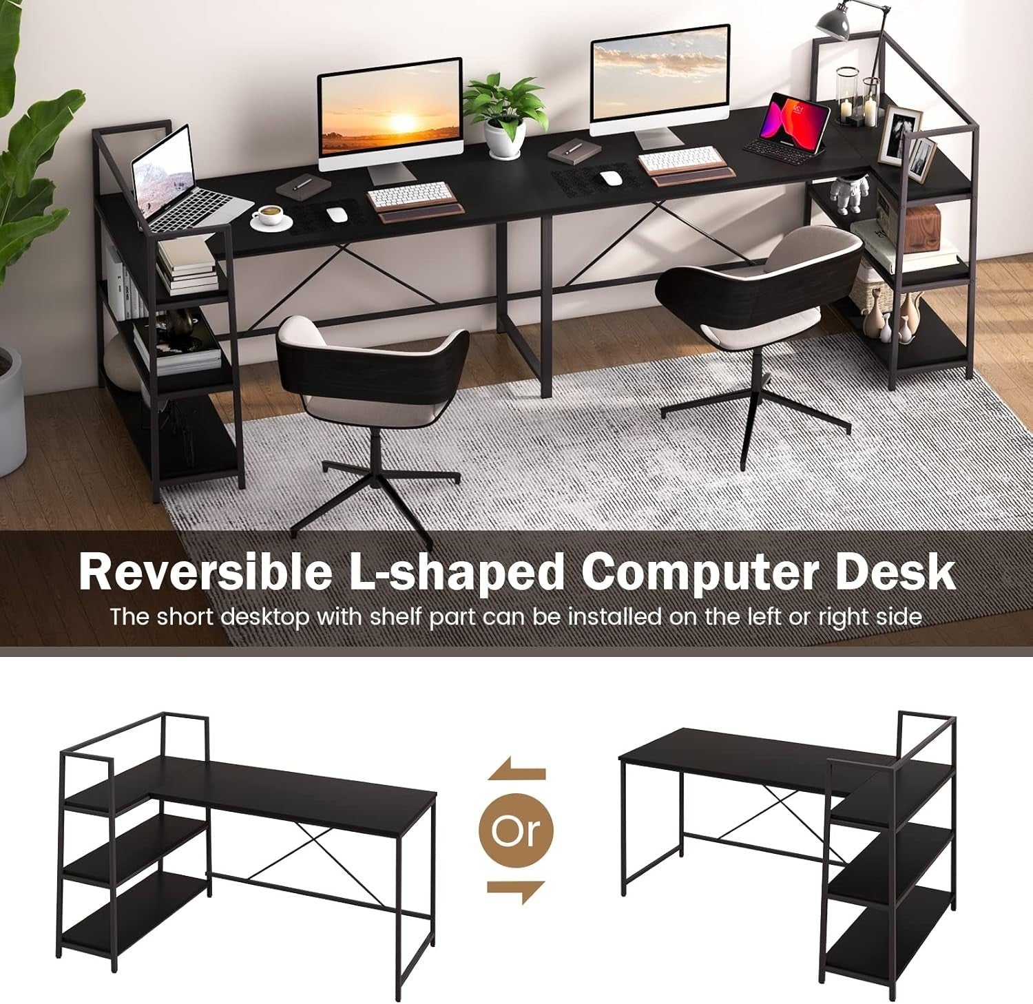 Modern Black L-Shaped Computer Desk w/Reversible Shelves & Metal Frame