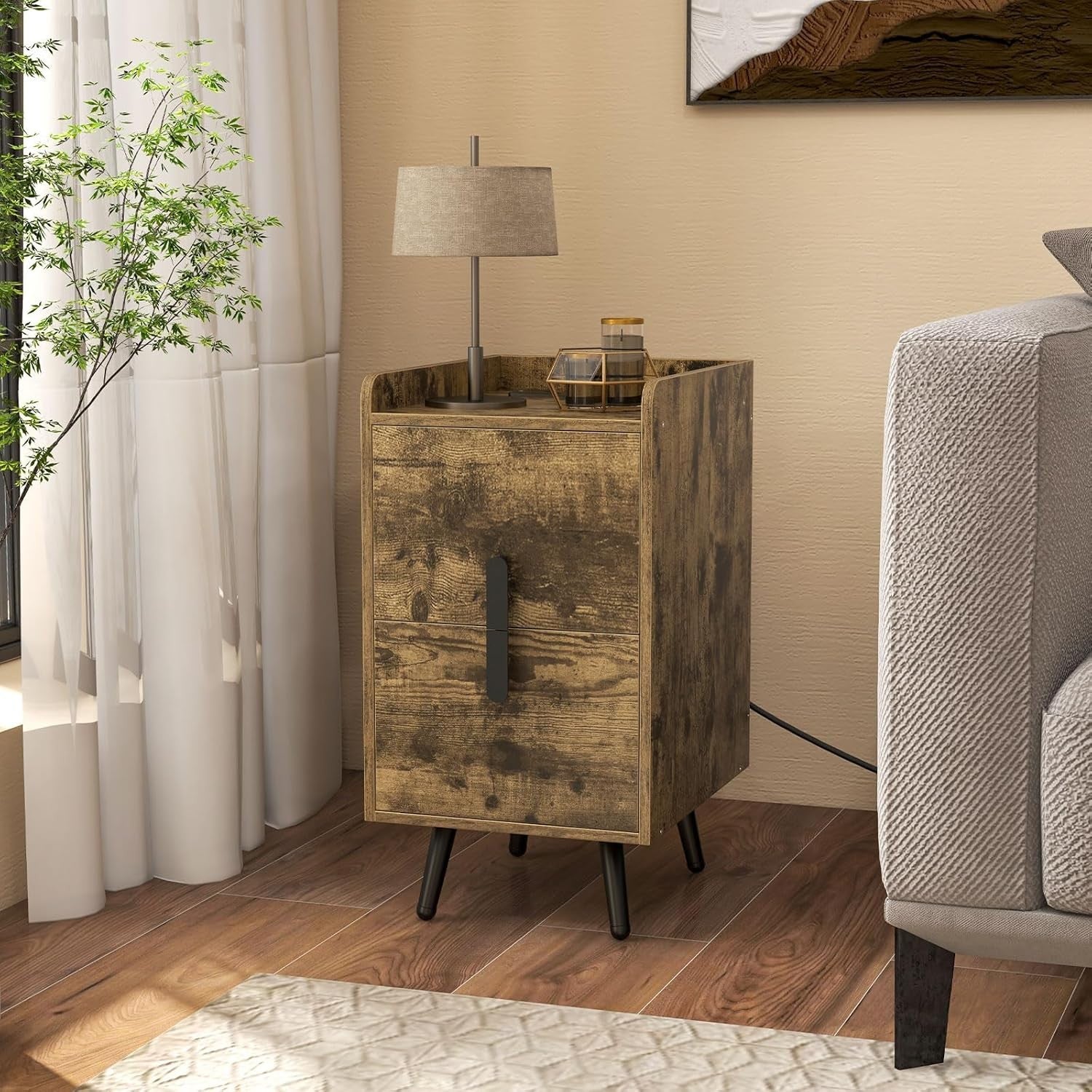 Slim Rustic Bedside Table with Charging Ports, 2-Drawer Narrow Nightstand