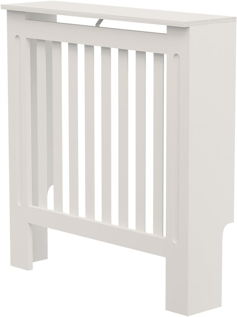 Small Radiator Cover White Slat MDF Compact Heater Cabinet Shelf Space Saving