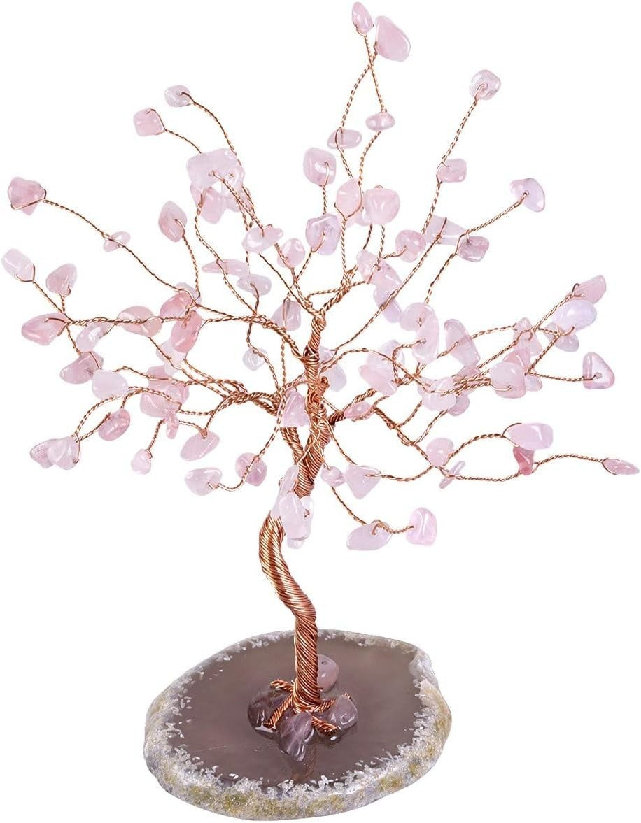 Rose Quartz Gemstone Money Tree Ornament Pink Crystal Feng Shui Decor Gift