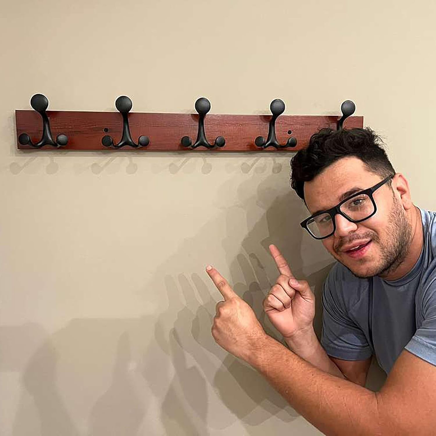 Rustic Cherry Wood Wall Coat Rack 61cm – 5 Triple Hooks Heavy Duty Hanger
